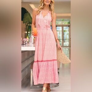 CABANA LIFE  Sz L Algarve Coral Tiered Tie Front Maxi Sun Dress Summer NWT UPF50